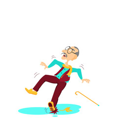 One Older glabrous man falling accident. An Elderly grey hair man step on the banana peel and slip and fall on white background. Vector isolate flat cartoon characters design concept for Healthcare.
