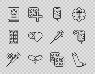 Set line Medical syringe with needle, Inhaler, IV bag, Medicine pill or tablet, book, Heart cross, Pills blister pack and icon. Vector