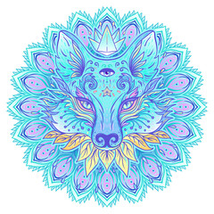 Cute fox face, racoon or wolf over mandala psychedelic ornate pattern. Character tattoo design for pet lovers, artwork for print, textiles. Detailed vector illustration. Totem animal.