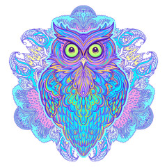 Cute abstract owl and psychedelic ornate pattern. Character tattoo design for pet lovers, artwork for print, textiles. Detailed vector illustration. Totem animal.