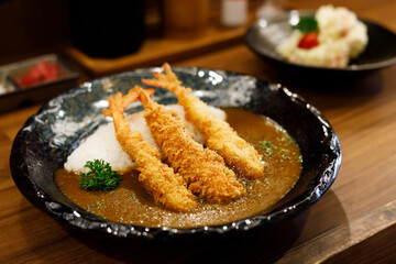 Japanese curry rice with fried Shrimps.