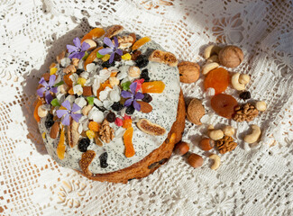 easter pie with ingredients and flowers