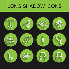 Set line Fishing hook, net water, under, rod and fish, spoon and float icon. Vector