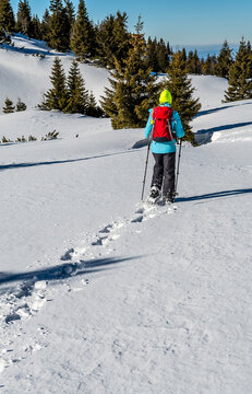 Sporty Hiking Woman With Snowshoes On A Trail Through Winter Landscape On Mountain Rax In The European Alps In Austria