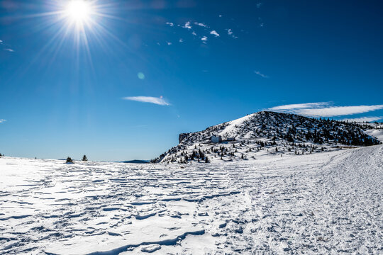 Winter Landscape With Snow Covered Mountain Rax And Mountain Hut "Ottohaus" In The European Alps In Austria