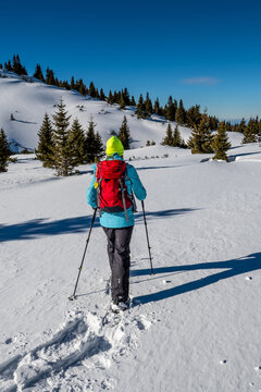 Sporty Hiking Woman With Snowshoes On A Trail Through Winter Landscape On Mountain Rax In The European Alps In Austria