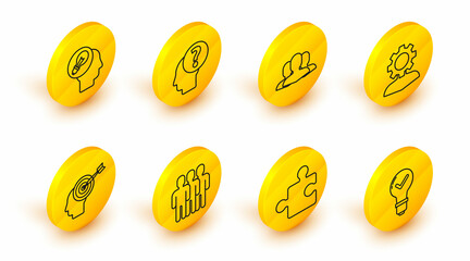 Set line Light bulb and check mark, Piece of puzzle, Users group, Head hunting concept, Human with gear inside, head question and lamp icon. Vector