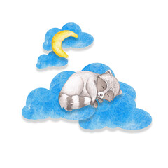 A little gray raccoon sleeps on a cloud. Watercolor illustration of a wild animal. Decoration of the children's room. Suitable for wallpaper, greeting cards, invitations, holiday, textiles, bedding