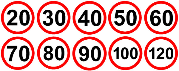 All of the speed limit traffic signs on different road - obrazy, fototapety, plakaty