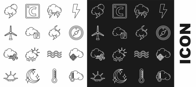 Set line Thermometer and cloud, Cloud with snow, Wind rose, Storm, Fahrenheit, turbine, and icon. Vector
