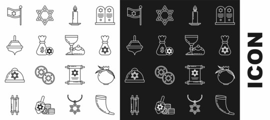 Set line Traditional ram horn, shofar, Pomegranate, Jewish money bag with star david, Burning candle in candlestick, coin, Hanukkah dreidel, Flag Israel and goblet hanukkah sufganiyot icon. Vector