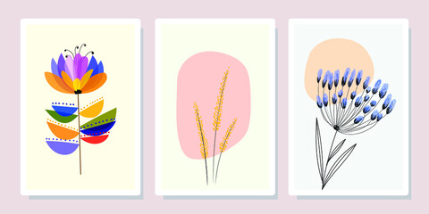 Set of abstract tropical wall arts vector illustration. Flowers,leaves,shapes,line arts, botanical background design,