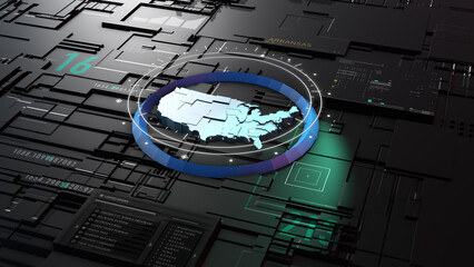 Futuristic  America technologically advances into the future. Futuristic Digital Map of US. 3D rendering