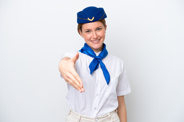 Airplane stewardess woman isolated on white background shaking hands for closing a good deal