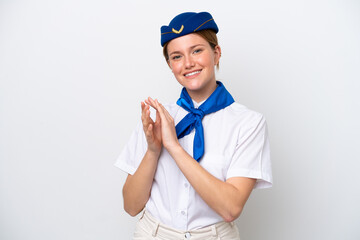 Airplane stewardess woman isolated on white background applauding after presentation in a conference