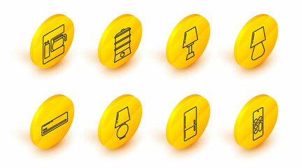 Set line Remote control, Refrigerator, Table lamp, Air conditioner, Double boiler and Coffee machine with glass pot icon. Vector