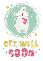  Motivational poster with hand drawn lettering "Get well soon". Cute artwork for greeting card, inspirational banner, print. Vector background with positive quote and polar bear. © Mariia