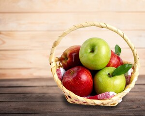 Group of tasty sweet fresh Apple on wooden board background, Fruits concept.