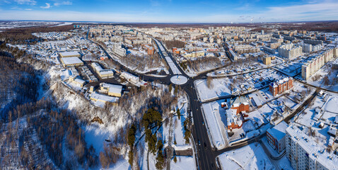 Tobolsk city in winter. Panorama of the city. Aerial view.