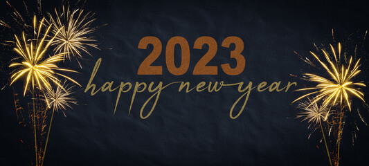 Fototapeta na wymiar Silvester 2023 Happy New year New Year's Eve Party background banner panorama long- firework fireworks on rustic dark blue night sky texture..