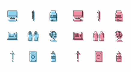 Set line Pipette, Book, Computer monitor with keyboard and mouse, Glass bottle pipette, Rubber gloves, Earth globe, Pendulum and Meteorology thermometer measuring icon. Vector