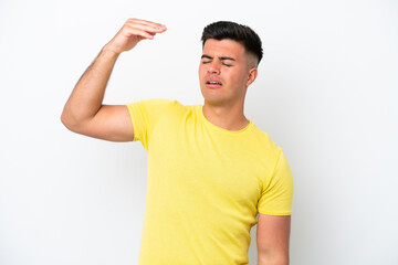 Young caucasian handsome man isolated on white background with tired and sick expression