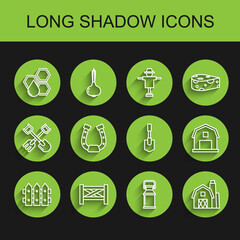 Set line Garden fence wooden, Honeycomb, Can container for milk, Farm House concept, Horseshoe, and Shovel icon. Vector