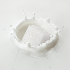 cane Sugar cube falls into milk, yoghurt, sour cream, Splash