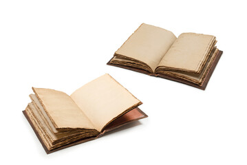 An open empty old notebook isolated on a white background.