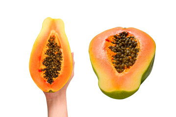 Papaya fruit isolated on a white background in woman hands. Half papaya.