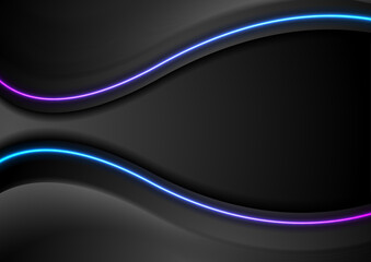 Black smooth waves abstract background with neon curved lines. Vector futuristic design