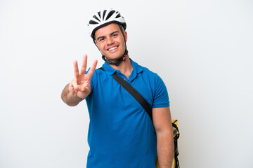 Young caucasian man with thermal backpack isolated on white background happy and counting three with fingers
