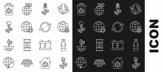Set line Light bulb with leaf, Bottle of water, Planet earth and recycling, Recycle bin recycle symbol and Refresh icon. Vector