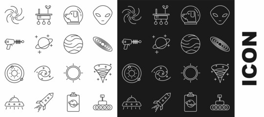 Set line Mars rover, Black hole, Planet, Dog in astronaut helmet, Ray gun, and icon. Vector