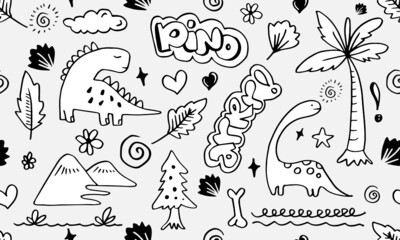 Dino. Seamless pattern. Vector illustration in doodle style. Hand drawn.Hand drawn children's pattern for fashion clothes, shirt, textile.