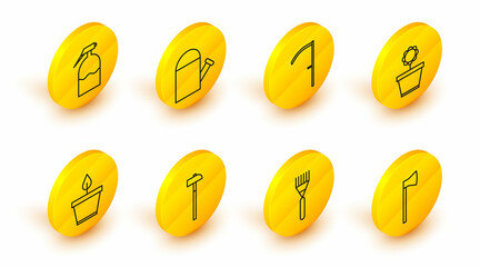 Set line Wooden axe, Garden rake, Hammer, Plant in pot, Flower, Scythe, Watering can and sprayer icon. Vector