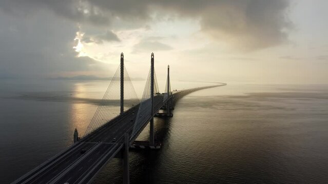 Aerial view dramatic sunrise morning at Jambatan Sultan Abdul Halim Muadzam Shah  