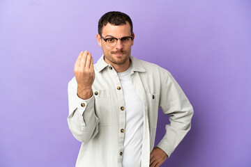 Brazilian man over isolated purple background making Italian gesture