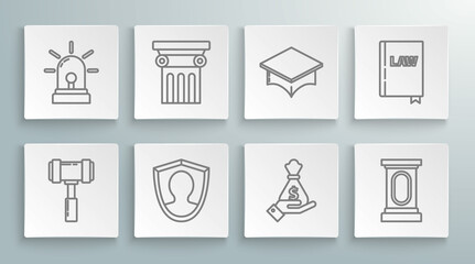 Set line Judge gavel, Law pillar, User protection, Hand holding money bag, Stage stand or debate podium rostrum, Graduation cap, book and Flasher siren icon. Vector