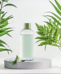 Transparent cosmetic bottle on podium with tropical leaves at white background. Healthy  modern...