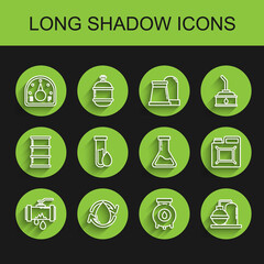 Set line Broken metal pipe with leaking water, Oil drop, Motor gas gauge, and industrial factory building, petrol test tube, Canister for gasoline and Test flask icon. Vector