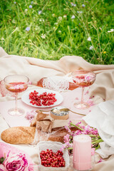 Aesthetic summer picnic with baguette, fruits, cheese, champagne, candles and flower. Food and...