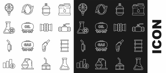 Set line Test tube and flask, Barrel oil, Industry metallic pipes valve, Propane gas tank, Oil railway cistern, Antifreeze test, Motor gauge and icon. Vector