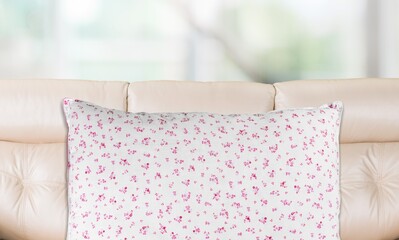 Colorful square canvas pillow mockup on couch living room interior.