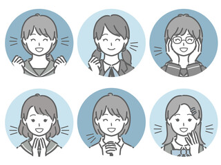 喜ぶ女性学生の丸アイコンセット