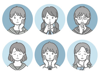 困る女子学生の丸アイコンセット