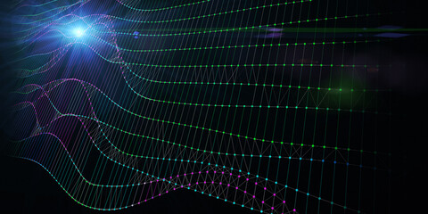 Abstract  background with wireframe graph from dotted and spot. Visual presentation of analytics color grid algorithms. Big Data.  Banner for business, science and technology.