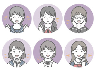 喜ぶ女子学生の丸アイコンセット