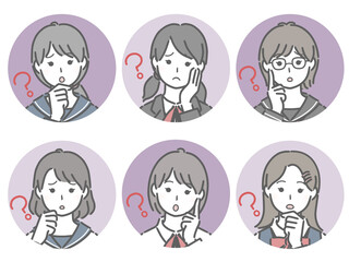 疑問に思う女子学生の丸アイコンセット