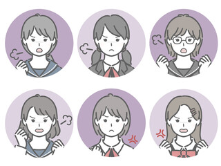 怒る女子学生の丸アイコンセット